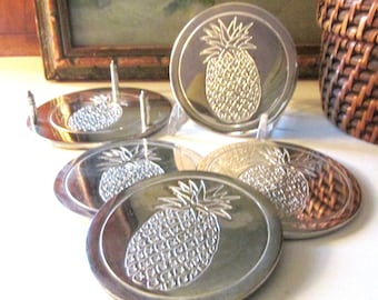 Vintage Silver Pineapple Coaster Set, Hollywood Regency Bar Ware, Palm Beach Decor, Set of Four Coasters, Vintage Gift