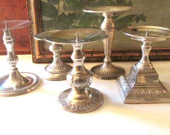 Vintage Two's Company Set of Five Silver Plated Pillar Candle Holders, Mantel Decor, Holiday Decor, Grandmillennial Decor