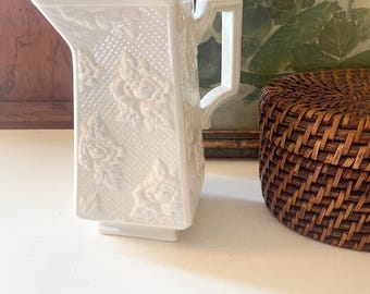 Vintage Boehm Cream Ware Jug, Pitcher or Vase, Basketweave Embossed Roses Vessel, Grandmillennial Decor