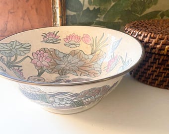 Vintage Decorative Macau Famille Rose Quail Birds and Floral Bowl, Hand Painted Chinoiserie Chic Coffee Table Decor, Grandmillennial Decor