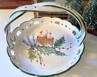 Vintage Christmas Holly and Candles Twisted Handled Tray, Hand Painted Portugal Pottery Dish, Cottage Core Xmas, Candy or Cookie Plate