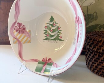 Vintage "Home For Christmas" Sango Vegetable Serving Bowl, Pink And Green Christmas, Palm Beach Xmas
