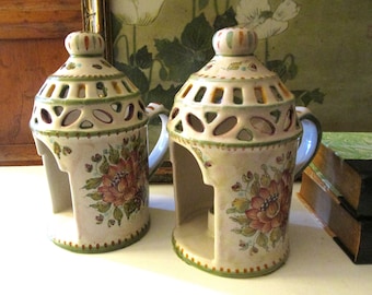 Vintage Pair of Italian Pottery Lantern Style Candle Holders, Hand Painted Italy, Faience, Tuscany Decor, Grandmillenial Style