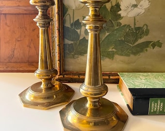 Vintage  Brass Candlesticks, Mantel Candle Holders, Hollywood Regency, Bookcase Decor