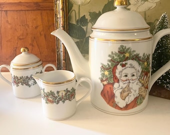 Vintage Fitz and Floyd “St Nicholas” Coffee Service, Creamer and Sugar Bowl, Christmas Dinnerware