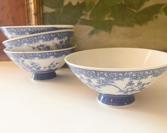 Vintage Set of Four Blue And White Cherry Blossom Rice Bowls, Sometsuke Style, Chinoiserie Porcelain Bowls