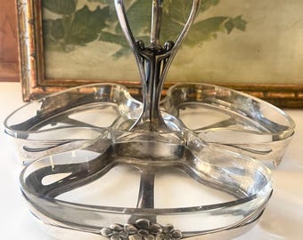 Art Nouveau Silver Plated Serving Tray, Three Condiment Centerpiece Bowl, Victorian Silver