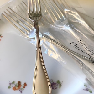 Six NOS Christofle France Dessert Forks, "Rubans" Pattern, Silver Plated Forks, French Chic Dining, Neoclassical Design