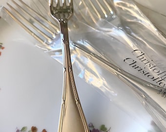 Six NOS Christofle France Dessert Forks, "Rubans" Pattern, Silver Plated Forks, French Chic Dining, Neoclassical Design