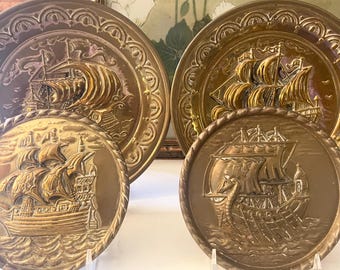 English Vintage Lot of Four Brass Nautical Wall Plates, Sailing Vessels, Peerage England