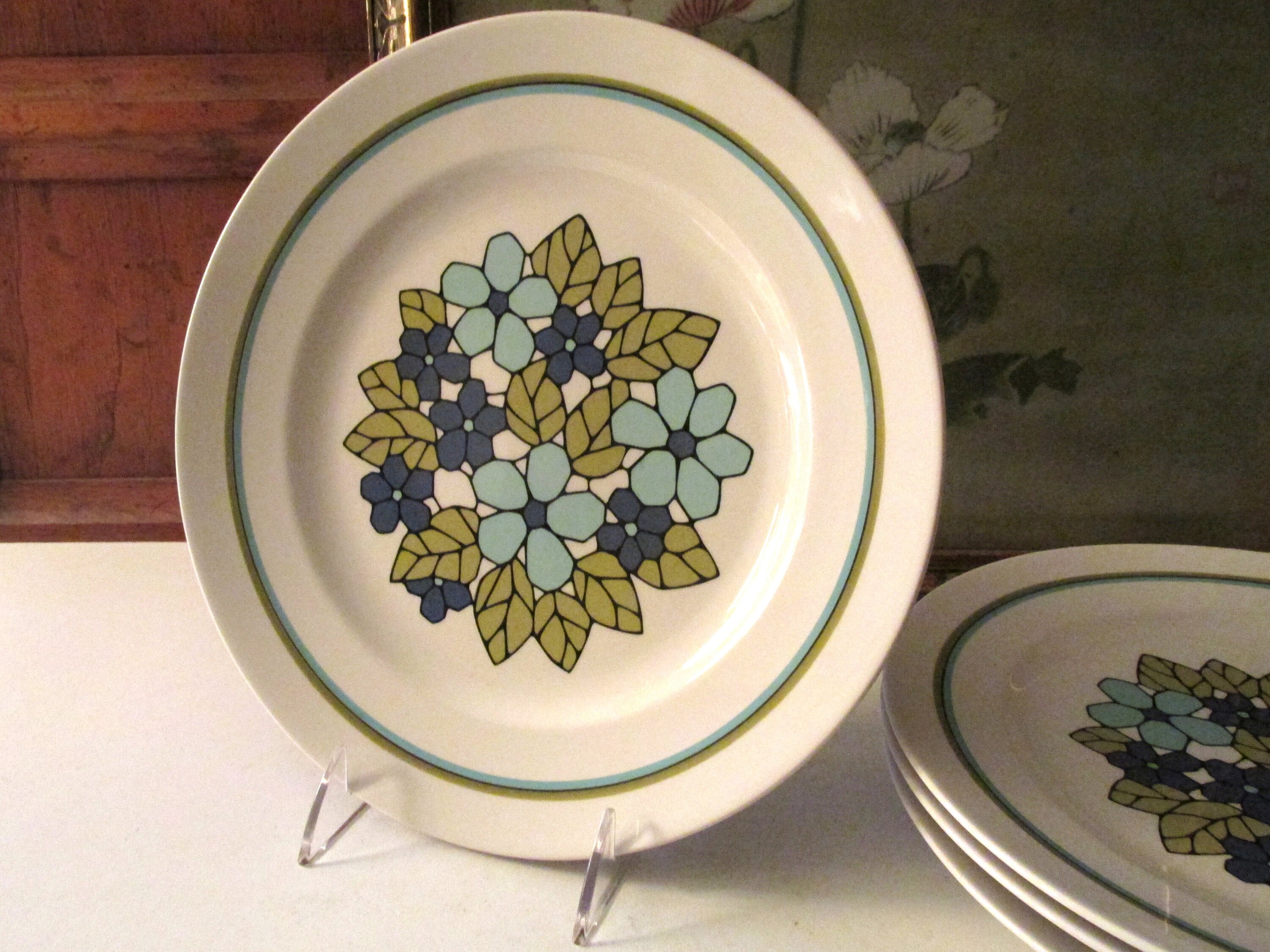 Four Franciscan Cantata Dinner Plates Pop Art 1960s Aqua and Purple Floral Dinnerware Retro China Mod Kitchen Decor