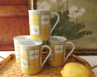 Vintage Mikasa English Rose Mugs, Set of Four Lemon Yellow and Green Coffee Mugs , Alfresco Dining Set, Palm Beach