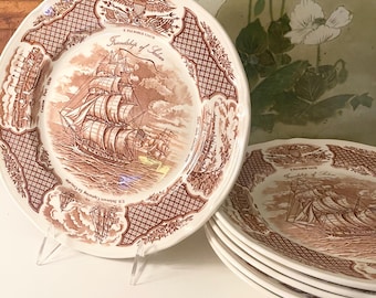 Six "Fair Winds" Brown Nautical Dinner Plates, Friendship of Salem, England Alfred Meakin
