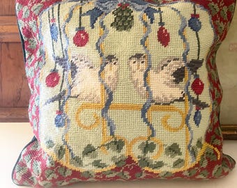 Vintage Holiday Bird Needlepoint Throw Pillow, Christmas Doves, Gift For Bird Lover, New Old Stock