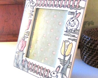 Vintage Rabbit & Tulips Picture Frame, Santa Barbara Design,Photo Frame, Nursery Decor, Gift For Rabbit Lover, 1980's Grandmillennial Gift