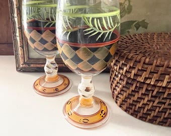 Vintage Pair Zrike "Outpost" Pine Leaves Theme Goblets, Susan Riggsbee White, Lake House or Cabin Decor, Autumn Decor