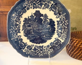 Vintage English Blue Transferware Platter, Crown Stafforshire, "Avon Cottage" Cake Plate, Blue White Decor, English Country