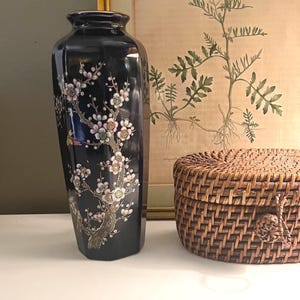 Vintage Chinoiserie  Octagonal Vase, Cherry Blossom Floral Porcelain, Japanese Decorative Home, Artmark