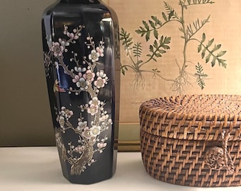 Vintage Chinoiserie  Octagonal Vase, Cherry Blossom Floral Porcelain, Japanese Decorative Home, Artmark