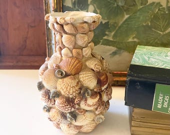 Vintage Sea Shell Encrusted Vase, Beach Coastal House Decor, Grandmillennial Gift