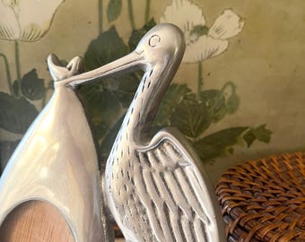 Vintage Large Stork Picture Frame, Baby Newborn Photo Frame, Cast Aluminum and Wood Easel Back, Baby Shower Gift