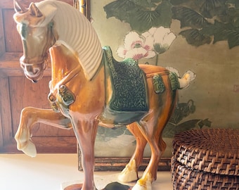 Tall Vintage Tang Dynasty Style Asian Horse Figurine, Tall Drip Glaze Chinese Pottery, Chinoiserie Chic Decor, Hollywood Regency