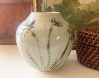 Vintage Art Pottery Vase, Signed Studio Art Vase, Organic Celadon Vase, Impressionist Floral Vase, Boho Pottery Vase, Vintage Gift