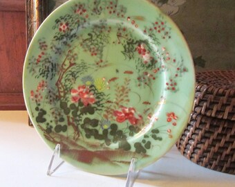 Vintage Chinoiserie Celedon Hand Painted Oriental  Decorative Plate, Glazed Porcelain, Wall Gallery Decor