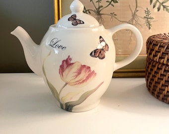 Vintage Tulips and Butterflies Teapot, Lily Creek, Love Teapot, Gift For Tea Lover, Martha Vaughan Collection