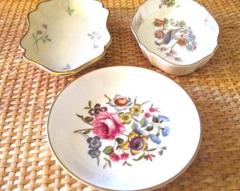 Three Vintage Porcelain Trinket Trays, Wedgwood England, Royal Worcester England and Lenox USA, Rose Manor, Kutani Crane, Grandmillennial