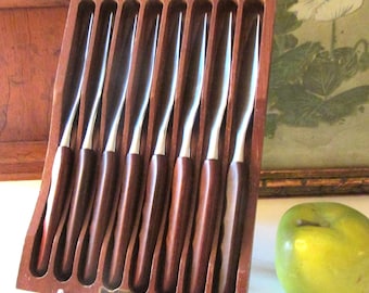 Vintage Set of Eight Knives "Town & Country" by Washington Forge,  Stainless and Carved Wood Serrated Knives, Fleetwood Handles, Wood Case