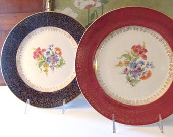Vintage Pair of Decorative Gilded Floral Plates, Grandmillennial Decor, Homer Laughlin, USA, Gold Encrusted Border, Cobalt Blue, Red