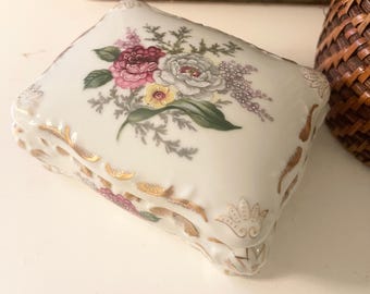 Vintage Royal Sealy Floral Hand Painted Lidded Porcelain Trinket Box, Mother's Day Gift, Grandmillennial Gift Decor, Cottage Core Gift