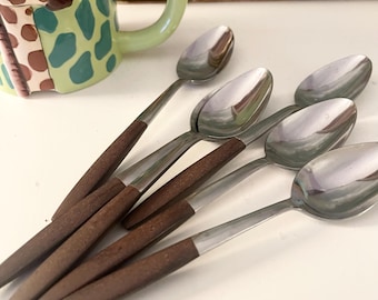 Vintage Set of Six of Teaspoons, Retro Dining, Mod Flatware, ‘Royal Elegance’ Japan Stainless * Brown Teak Style Handle