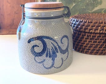 Vintage Salt Glaze German Pottery Container, Saffel Stoneware Crock With Wooden Lid, Pickle Barrel, Farmhouse Kitchen