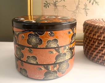 Vintage Japanese Lacquer Ware Three Tier Box, Chinoisere Chic Red Cherry Blossom Design
