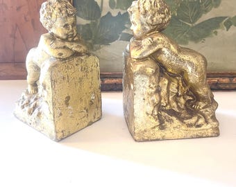 Vintage Cherub Gilded Bookends, Golden Angel Bookends, Nursery Decor, Christmas Decor, Putti Cherub