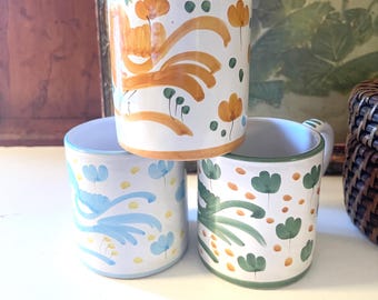 Three Vintage Italian Hand painted  Mugs, Green, Peach and Blue Folk Art Bird Mugs