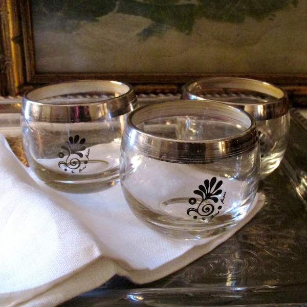 Three Vintage Fred Press Glassware, Silver Band Roly Poly Glasses, Retro Barware, Low Ball Glasses