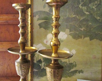 Vintage Tall Boho Brass Candlesticks, Mantel Decor, Ornate Pillar Brass Candle Holders, Drip Saucer, Grandmillenial Decor