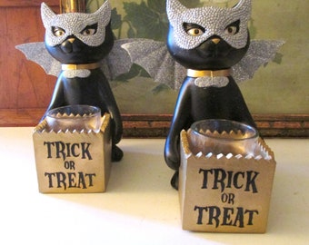 Pair of Halloween Black Cat Tea Candle Holders, Yankee Candle, Sophia The Cat Trick or Treat Candle Holder
