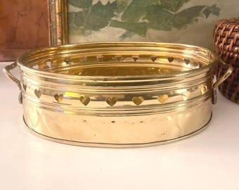 Vintage Brass Planter, Oval Cachepot, Heart Theme Brass Decor, Valentine's Day Pot