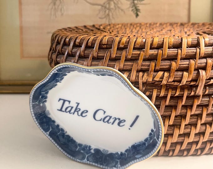 Featured listing image: Mottahedeh Williamsburg, Sentiment Dish, "Take Care" Blue and White Friendship Tray, Vintage Gift, Trinket Tray, Ring Holder