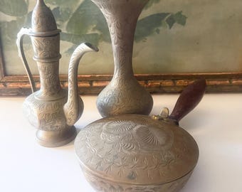Vintage Collected India Brass Vessels, Boho Rustic Brass Decor, Brass Collection