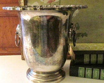 Poole Silver Plated Lion Head Knocker Ice Bucket, Ornate Fluted Champagne Bucket, Hollywood Regency, 1960's Tarnish Silver Cooler