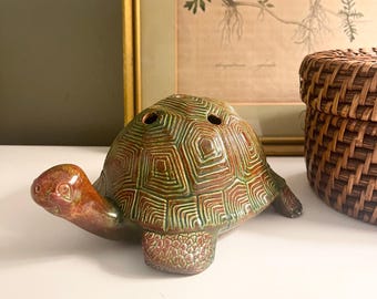 Vintage Turtle Figurine, Turtle Floral Frog Vase, 1970s Flower Planter, Hobbyist Avocado Green Brown Decor