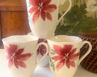 Four Vintage Lenox ‘Winter Meadow” Mugs, Poinsettia Holiday Mugs, Christmas Flower Mug Set