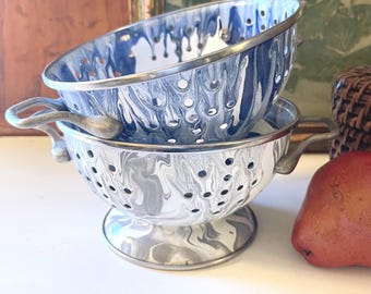 Vintage Petite Enamelware Colander, Blue Spatter, Grey Swirl, Sold Separately, Berry Colander, Farmhouse Kitchen