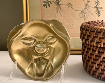 Vintage Pig Face Brass Pocket Change Tray,  Brass Catchall, Home Office Decor