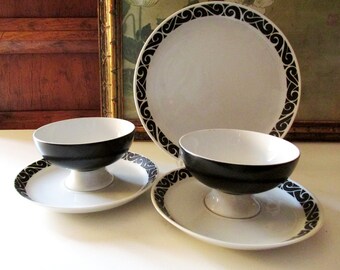 Ben Seibel for Mikasa Onyx Dinnerware, Mid Century Mod Black and White Plate, Mikasa Pivotal, Dessert Cups and Saucers